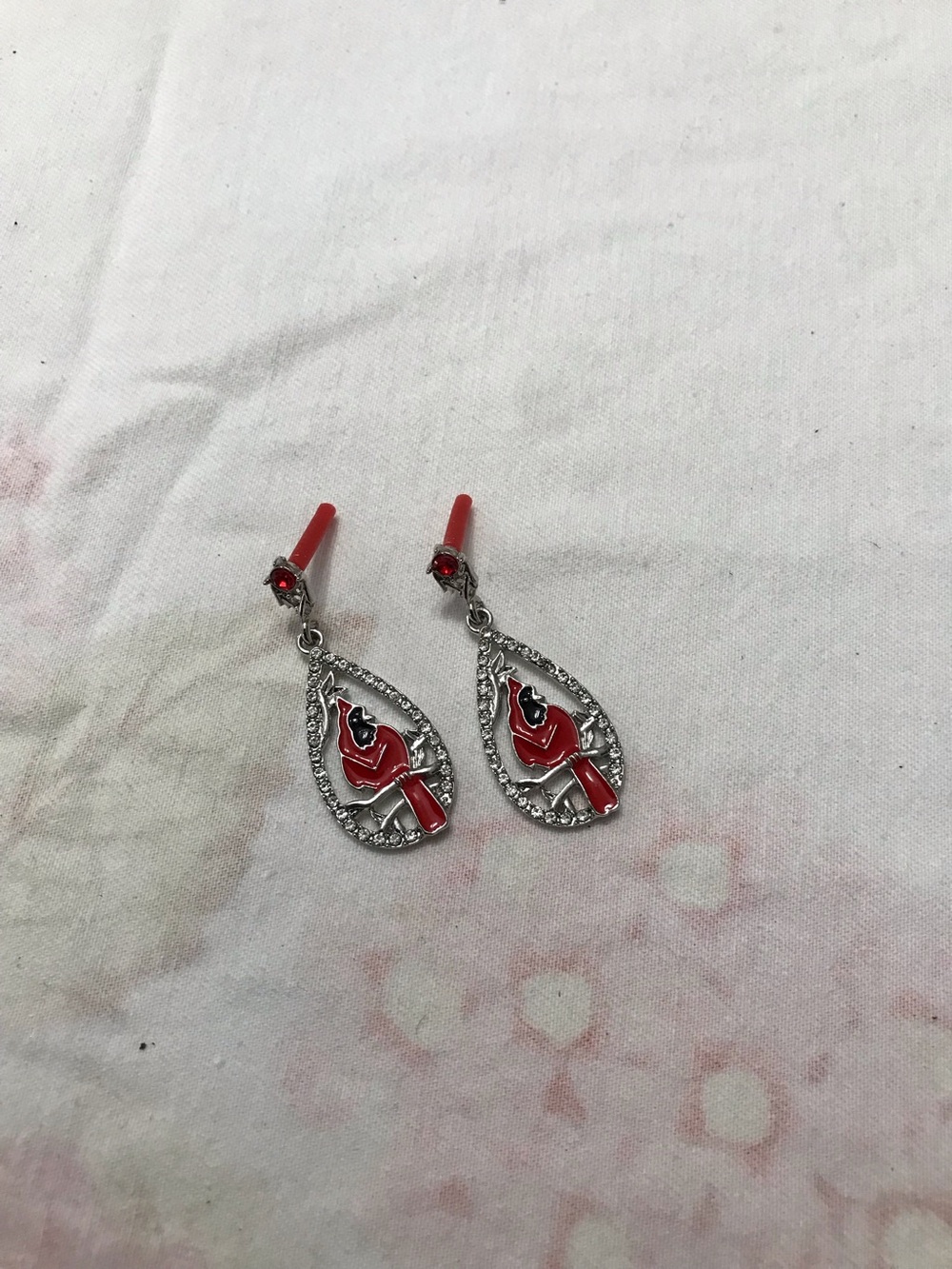 Silver Tone Red Enamel Cardinal Bird White Rhinestone Earrings